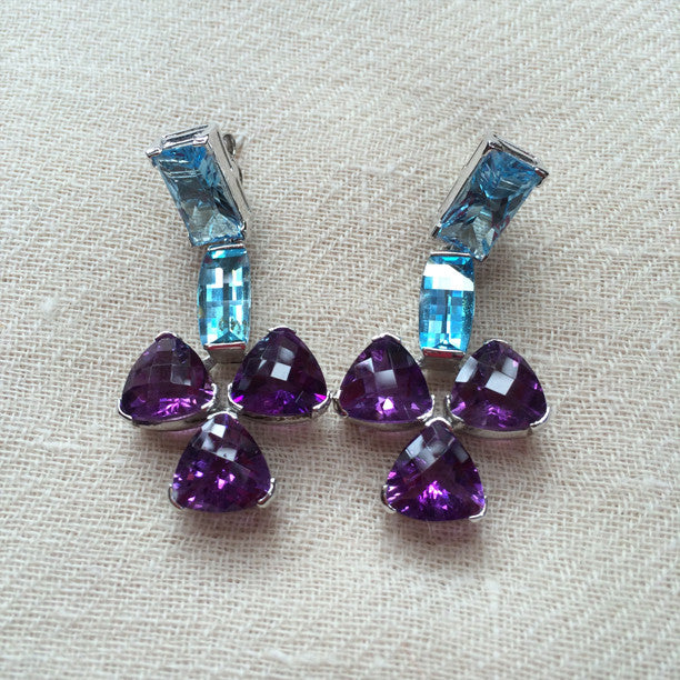 Purple Amethyst and Blue Topaz Silver Earrings