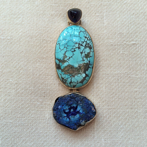 Turquoise Azurite And Amethyst Silver Pendant